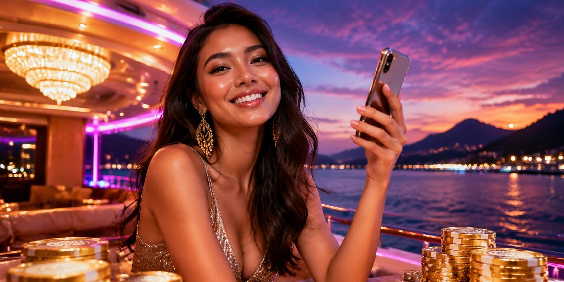Tampilan aplikasi casino dan taruhan di perangkat mobile di tepi pantai