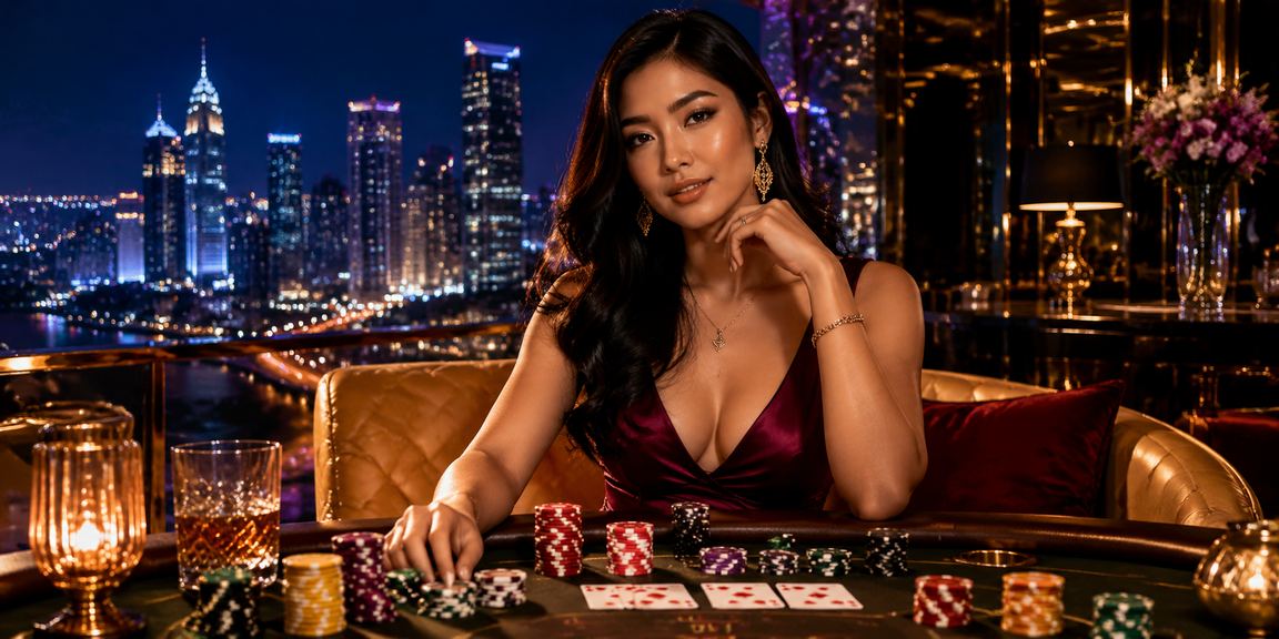 Meja baccarat di pasar malam dengan cahaya neon yang meriah