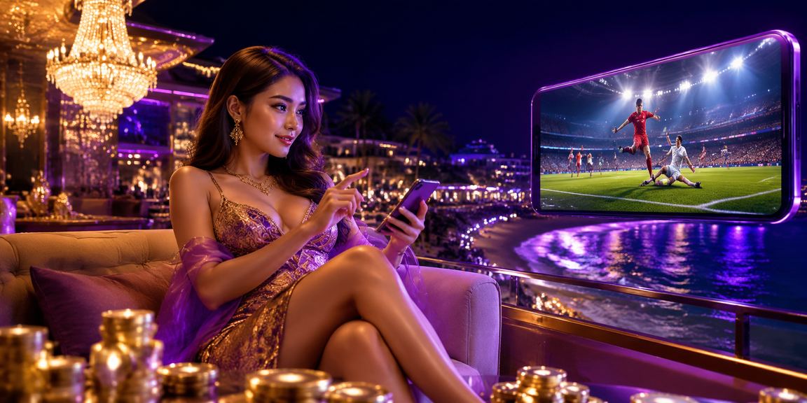Pengguna mengakses platform casino mobile di tepi pantai dengan suasana santai